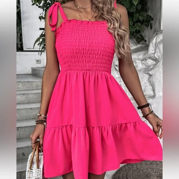 Elegant Smocked Waist Tie Shoulder Ruffle Cami Dress - Picture 4 of 6